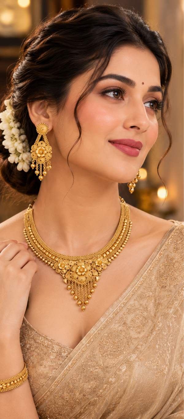 Gold Finish Temple Jewellery / Antique Gold Choker Necklace Set with Jhumkas