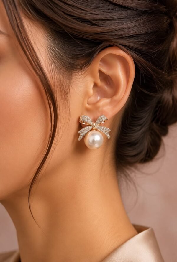 Elegant Pearl Bow Earrings for Women ✨ | Luxury Gold Stud Earrings