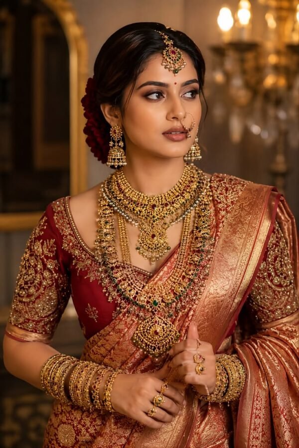 Royal South Indian Bridal Look in Red Banarasi Saree | Heavy Gold Bridal Jewelry Inspiration